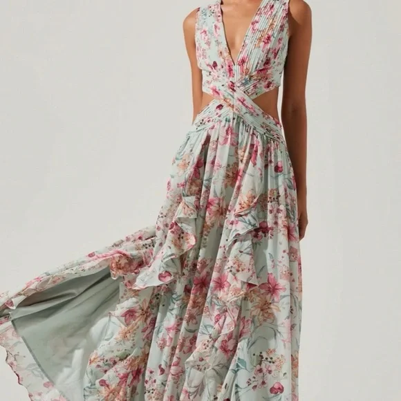 ASTR Floral Pleated V-Neck Cutout Maxi Dress - Blue and Pink - Picture 2 of 5